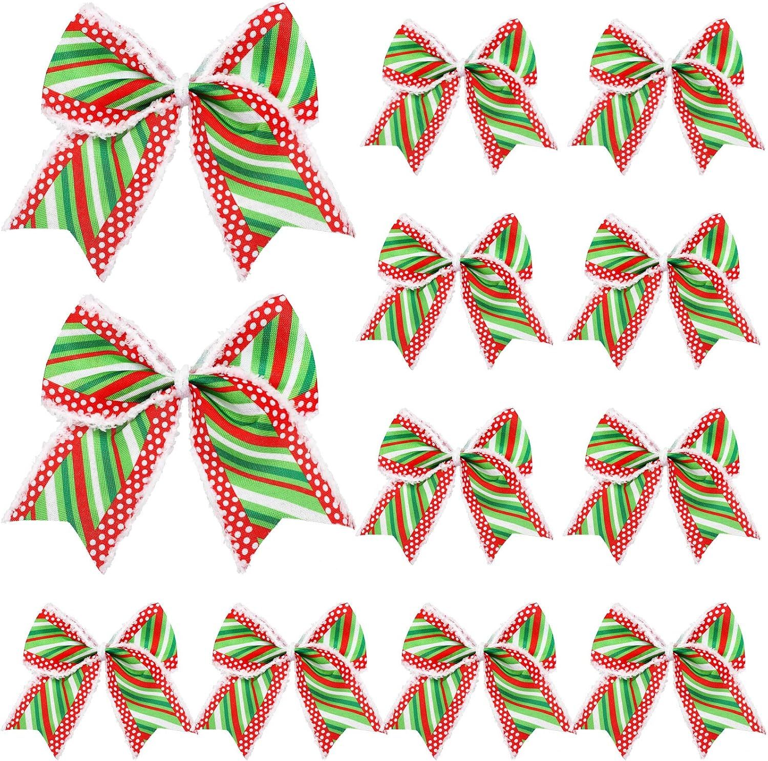 12 Pcs Red Green Christmas Bows Decoration 6 Inch Large Christmas Wreaths Bows Xmas Tree Dot Ribbons Ornaments for Garland Wedding Party(Red and Green,Stripe