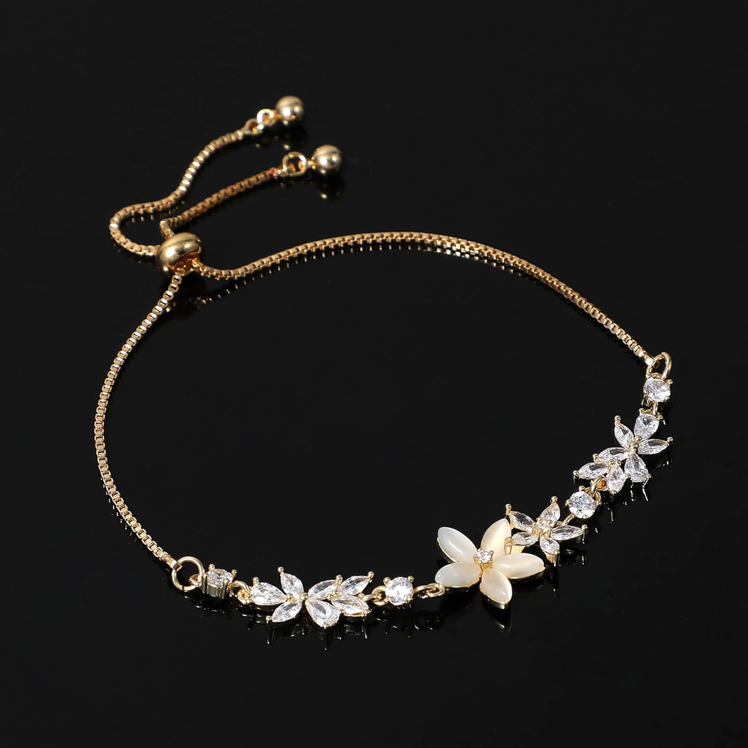 Gold Adjustable Bracelets for Women,Dainty Flower Bracelet Rhinestone Slider Floral Bracelet Floral Jewelry Adjustable Bridesmaid Bracelets Jewelry Gift — image 6