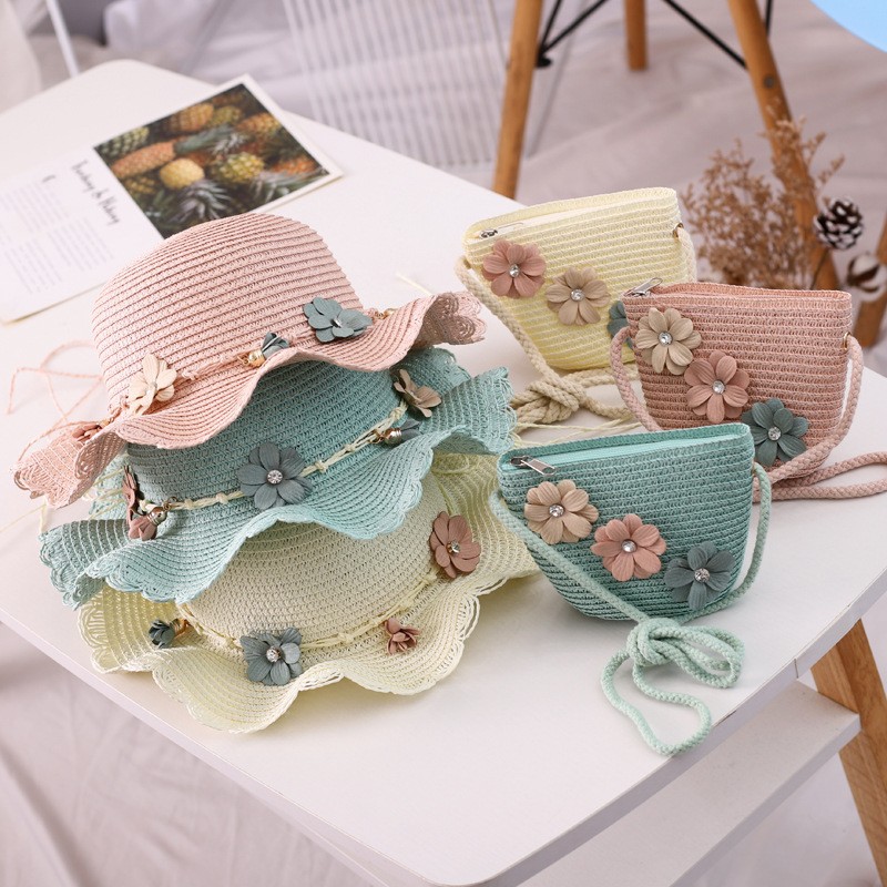 Girls Straw Hat and Shoulder Bag Set for Summer Beach Travel Outdoor Play, Green — image 2