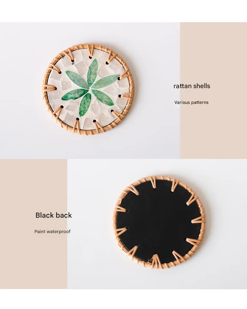 4 Pcs Beige Background With Blue and Pink flower Handcrafted Rattan Coaster with Natural Shell Inlay - Decorative & Heat Insulating Drink Mat โ image 5