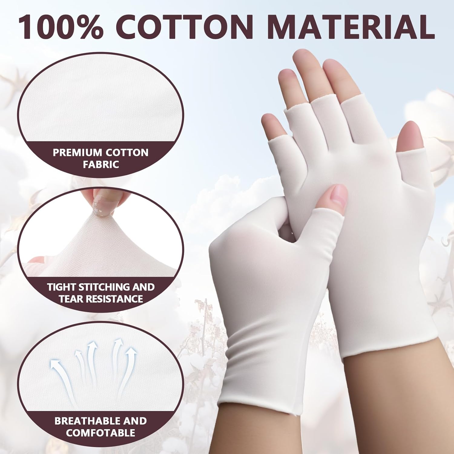 3 Pairs White Cotton Gloves - Fingerless Moisturizing Gloves - Eczema White Gloves for Dry Hands - Soft Sleep Glove for Eczema and Moisturizing Overnight - One โ image 2