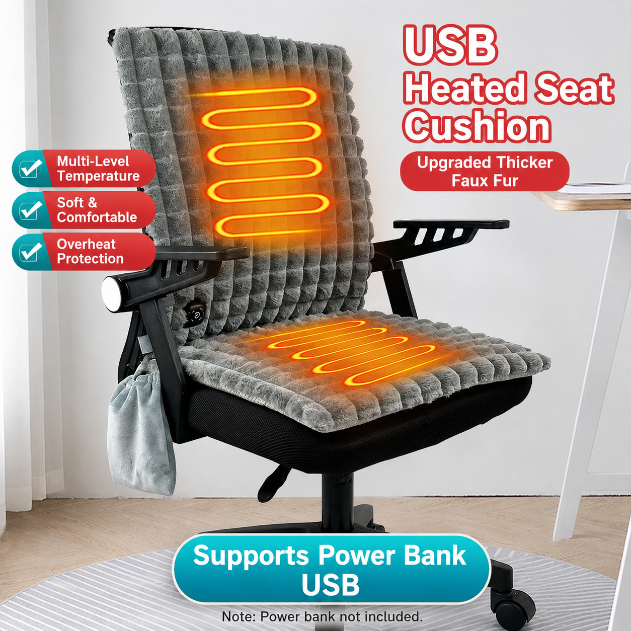 USB-Powered Heated Seat Cushion with Plush Faux Rabbit Fur, Anti-Slip Base, and Foldable Backrest – Ideal for Office Chairs, Car Seats, and Outdoor Camping — image 5