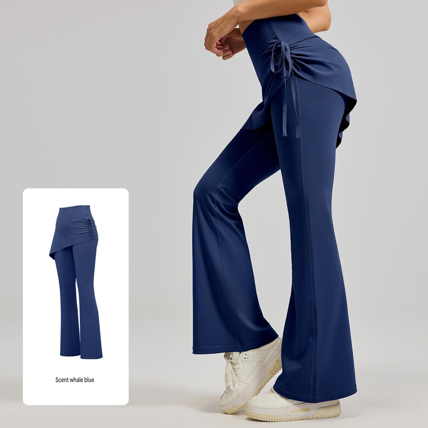 Women's High Waist Skirted Flare Yoga Pants with Adjustable Ruched Drawstring (S size)- Blue Faux Two Piece Bootcut Leggings for Pilates, Gym Workout, Running — image 2