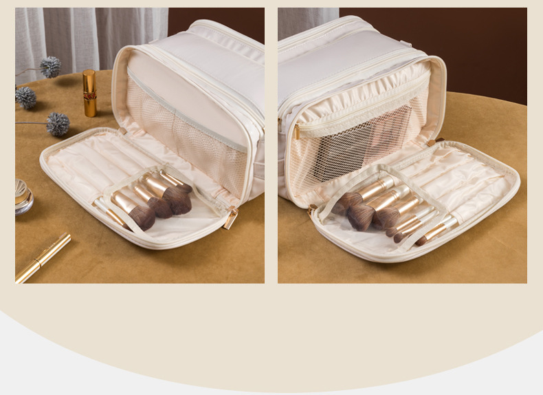 White Large Capacity PU Leather Makeup Bag Dual Zipper Cosmetic Case Waterproof Travel Toiletry Organiser with Brush Compartment โ image 2