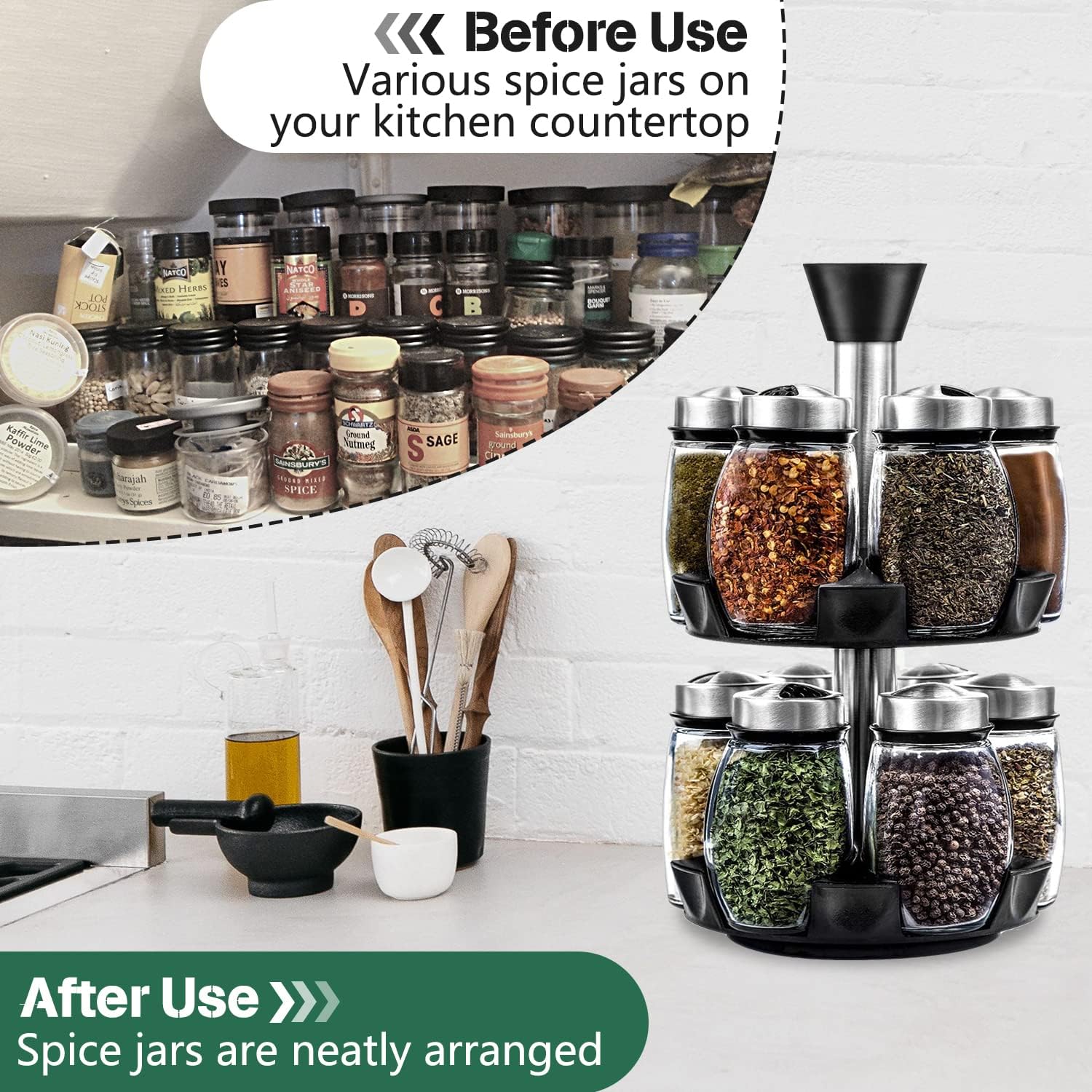 CARLA HOME Rotating Spice Rack Organizer with 12 Glass Jars for Kitchen Seasoning and Herb Storage โ image 5