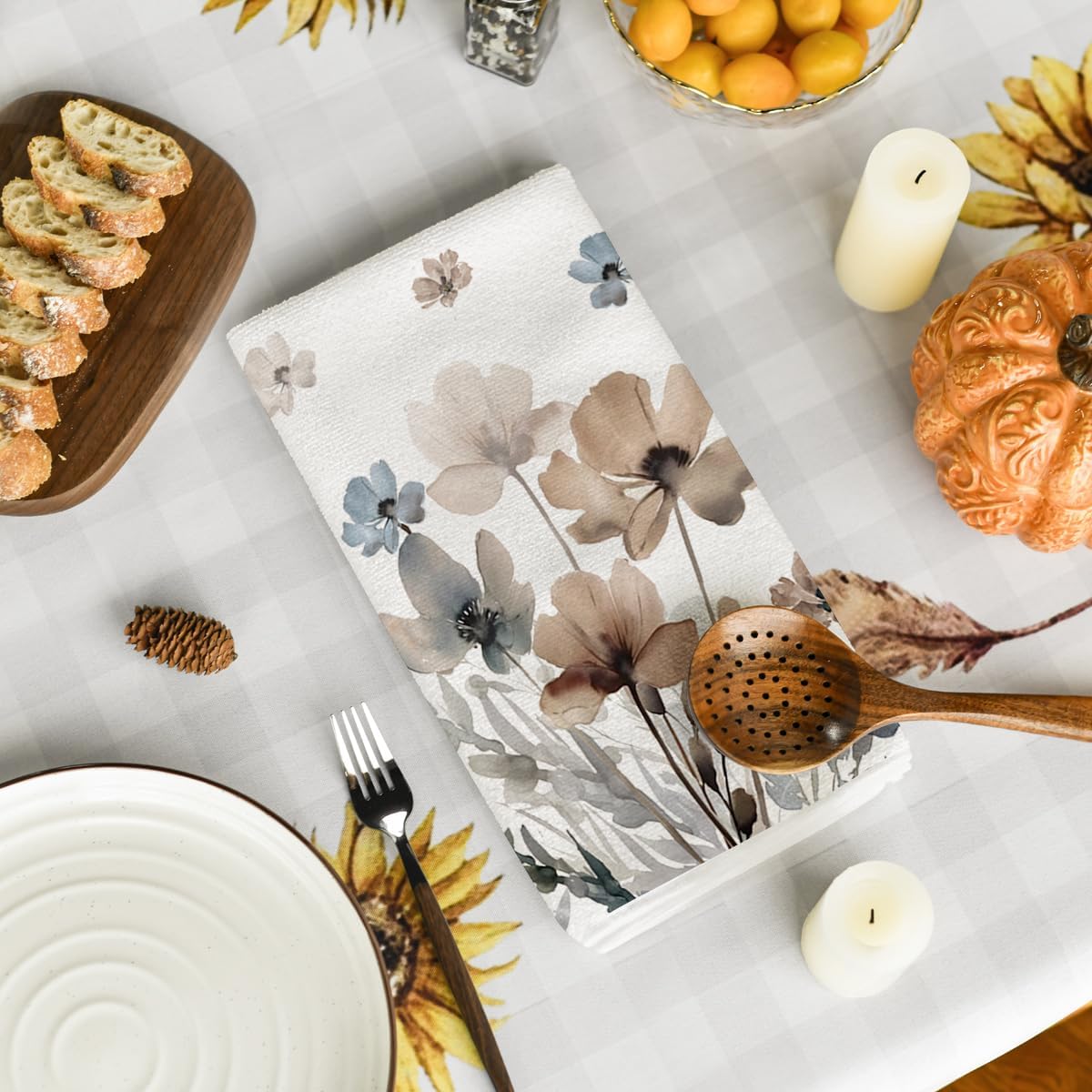 Brown Poppy Floral Leaves Spring Kitchen Towels Dish Towels, 18 × 26 Inch Seasonal Summer Decoration Hand Towels Set of 2 — image 4