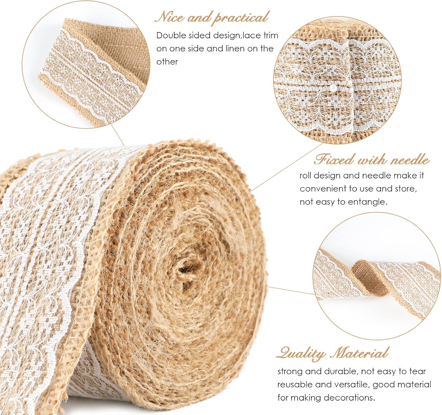 Natural Jute Burlap Ribbon Roll - 2.4Inch x 5.5Yards Rustic White Lace Burlap Ribbon Trim Tape for DIY Crafts, Bottle Decor, Wreath โ image 2