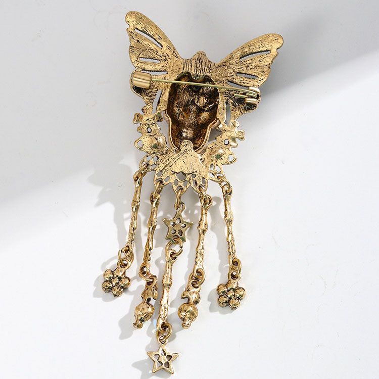 Gothic Skull Butterfly Brooch with Tassel - Vintage Rhinestone Skeleton Pin with Dangling Charms, Dark Aesthetic Statement Badge for Coat Sweater, 11.3cm โ image 5