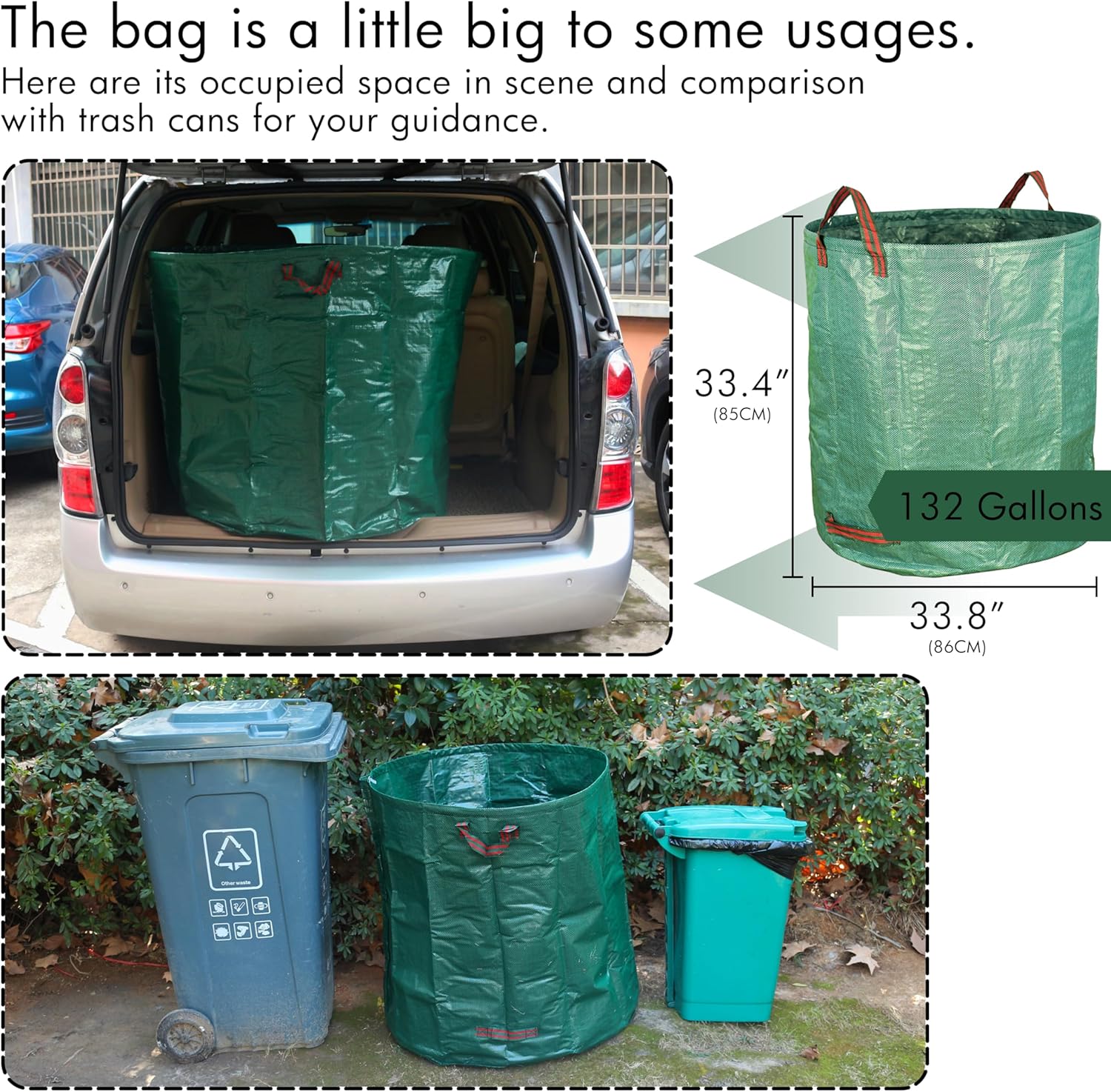 2-Pack 132 Gallon Yard Waste Bags, Reusable Heavy Duty Collapsible Garden Leaf Bags with Plastic Ring, Stand-Up Yard Waste Bin for Leaves, Lawn Debris & Grass — image 2