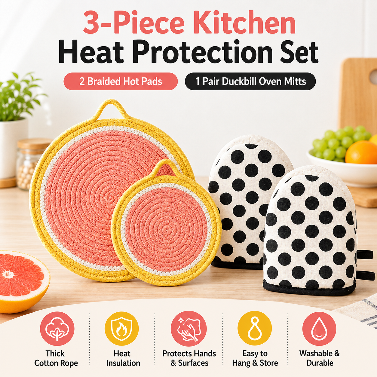 3-Piece Grapefruit Inspired Kitchen Heat Resistant Set with 18cm & 30cm Round Cotton Rope Woven Trivets + 1 Pair Duckbill Oven Mitt - Foldable Table Protection