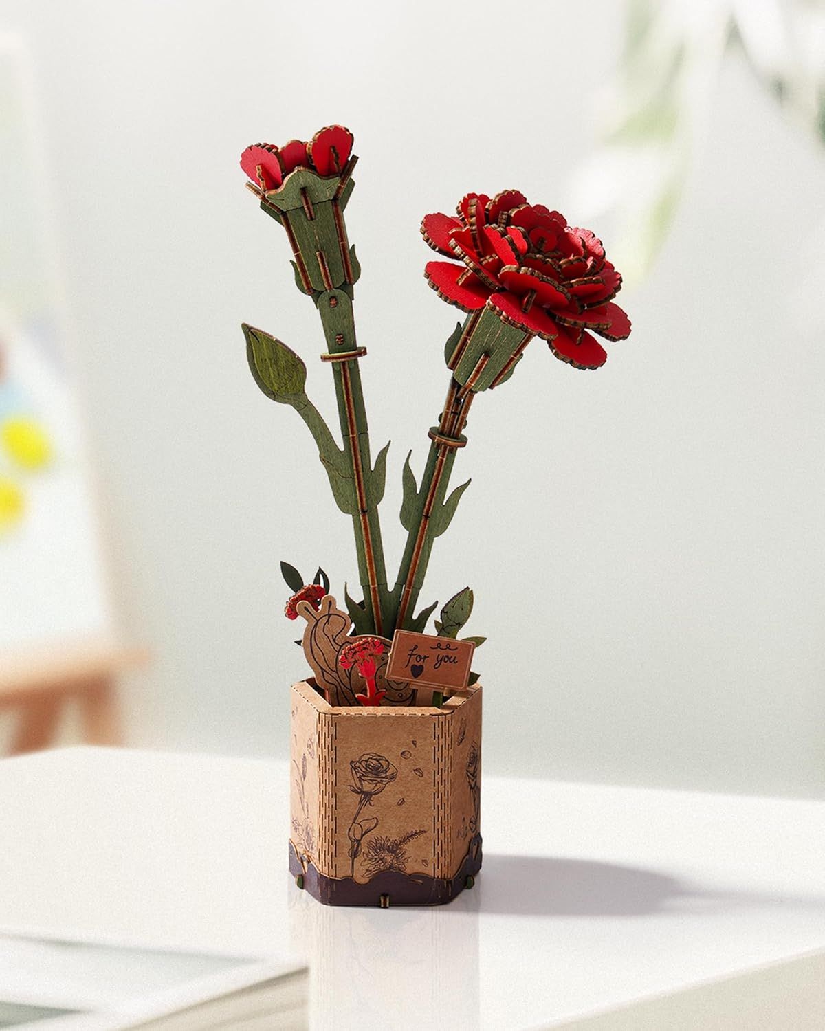 3D Flower Wooden Puzzles for Adults-Red Carnation, DIY Wooden Flowers Model Kit Building Set Crafts for Adults to Build, Botanical Collection/Ideal — image 2