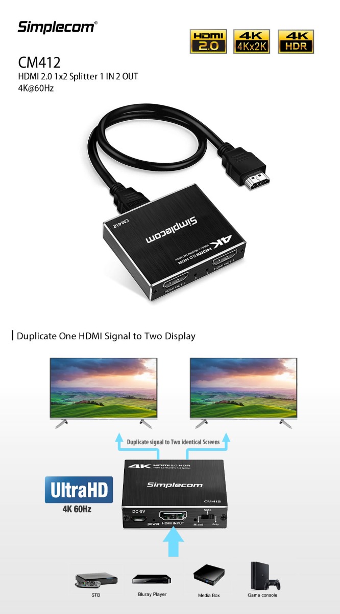Simplecom CM412 HDMI 2.0 1x2 Splitter 1 IN 2 Out 4K@60Hz HDR10 2 Port HDMI Duplicator — image 4