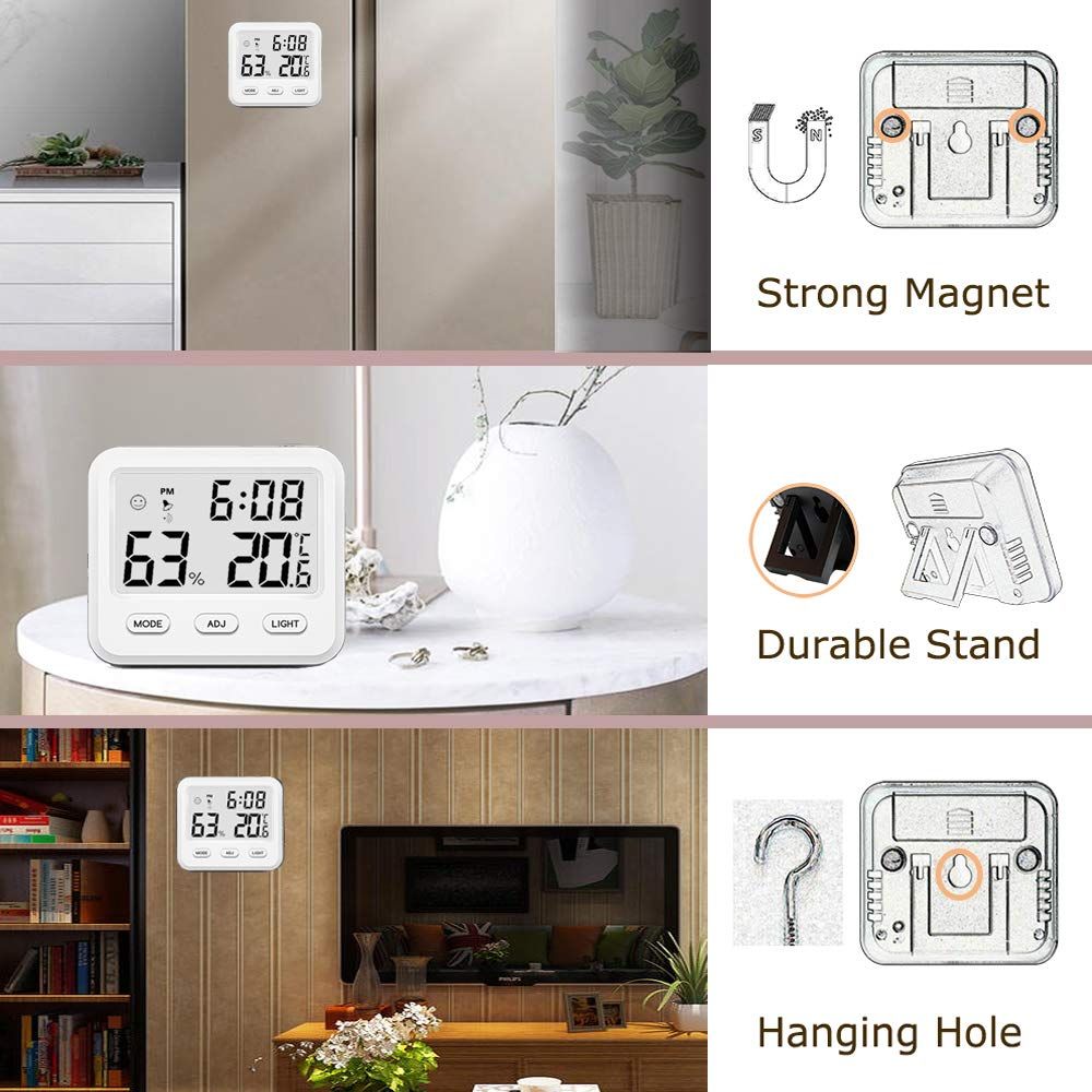 Digital Hygrometer Indoor Thermometer, Temperature Humidity Gauge with Desk Clocks for Bedroom Office,Backlit Accurate(White) — image 5