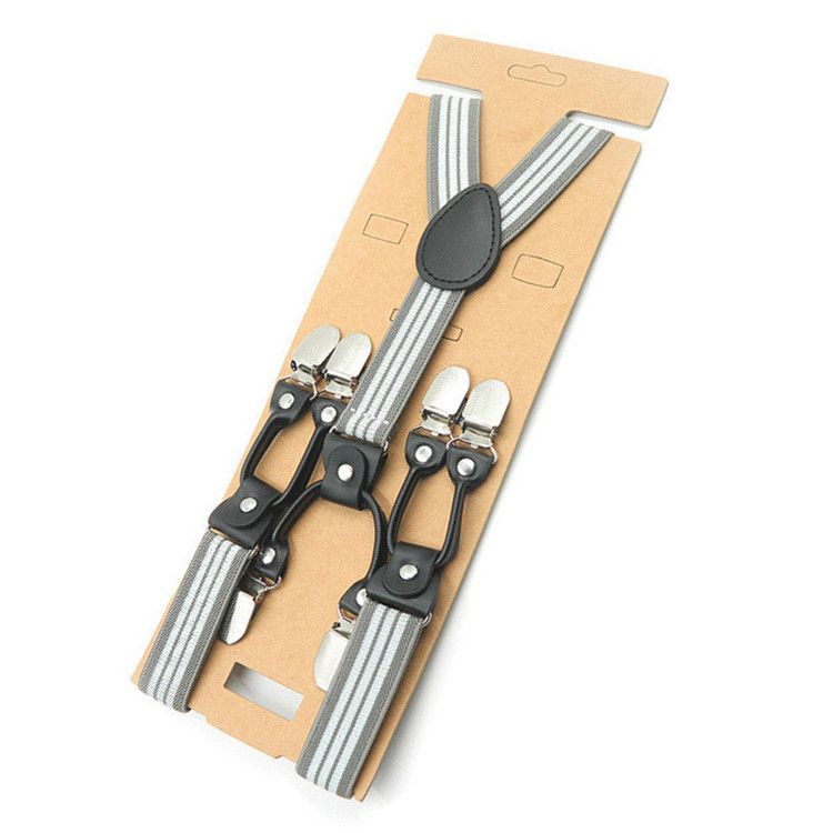 Unisex Y Shaped Suspenders 6 Clips 2.5cm Polyester Gray background with white stripes