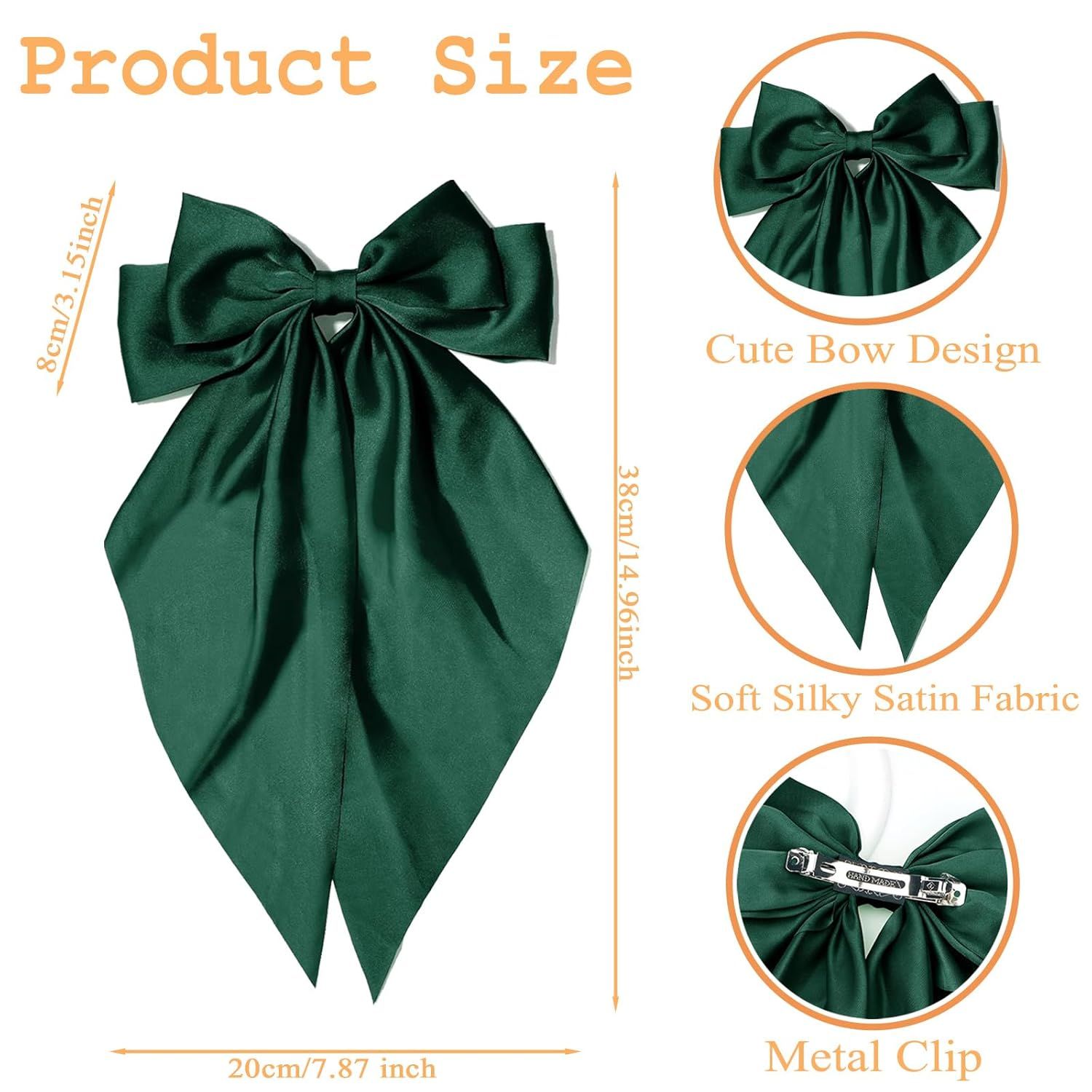 Green Hair Bows for Women Girl, Big Bow Hair Clips, Silky Satin Bows Oversized Long Tail with Clips Barrettes Big Bowknot Hair, St. Patrick's Day Party โ image 2