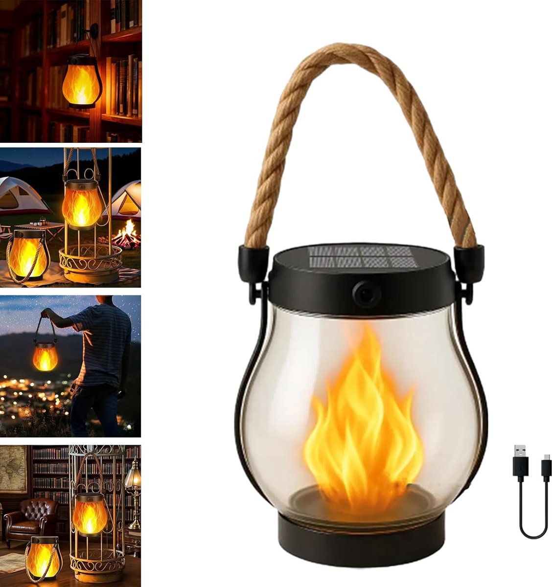 Outdoor solar lights - Solar garden lighting - Solar lantern - Dancing flame outdoor solar lanterns waterproof lighting - Hemp rope flame lamp - For camping