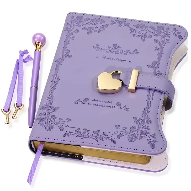 Heart-shaped lock diary with pen, lock & key. B6, 360 pages, garden style for all genders. One key locks your secret — a perfect gift for any — image 3