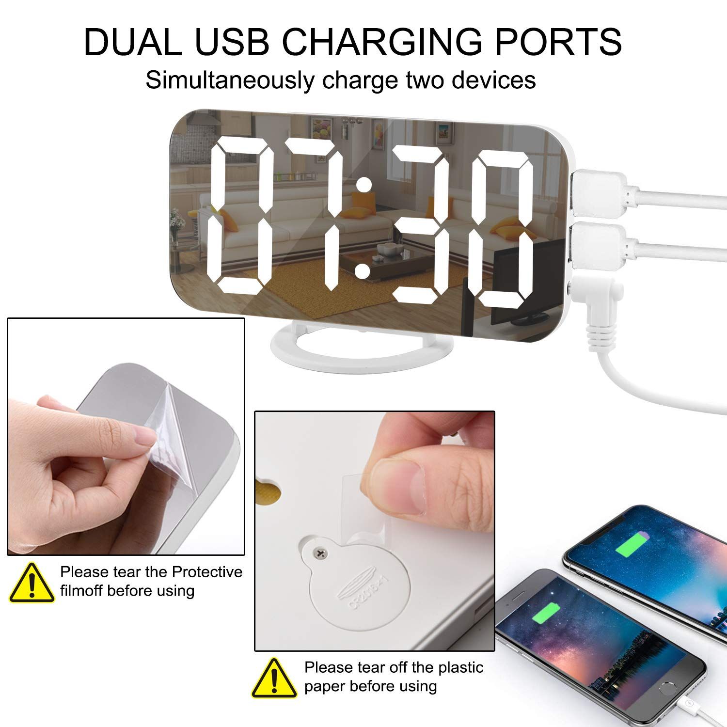 Digital Alarm Clock,Large Display LED And Mirror Desk Clock With Dual USB Charger Ports, 3 Levels Brightness โ image 2