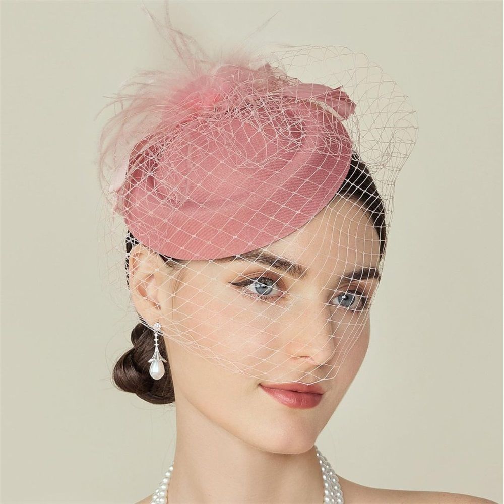 Fascinator Hat Veil Feather Fascinator Tea Party Bridal Wedding Veil Retro Hat Hats for Women(nude pink) — image 4