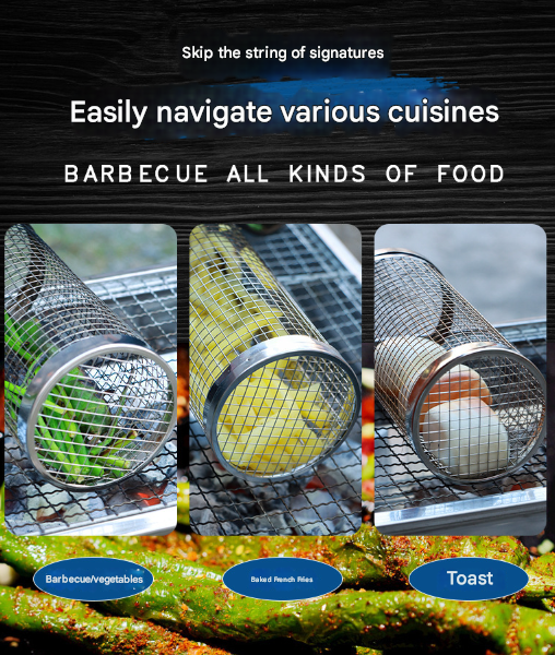 Silver 2-Piece Rolling Stainless Steel BBQ Grill Basket Set (Small & Large) - 304 Food-Grade Grilling Cages with Hooks — image 3