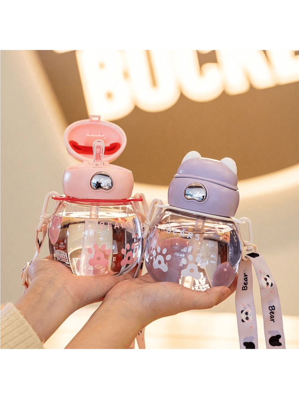 Mini Cute Cup With Straw Shoulder Strap Outdoor Sports Water Bottle Available In 450ml 15.22oz 700ml 23.67oz