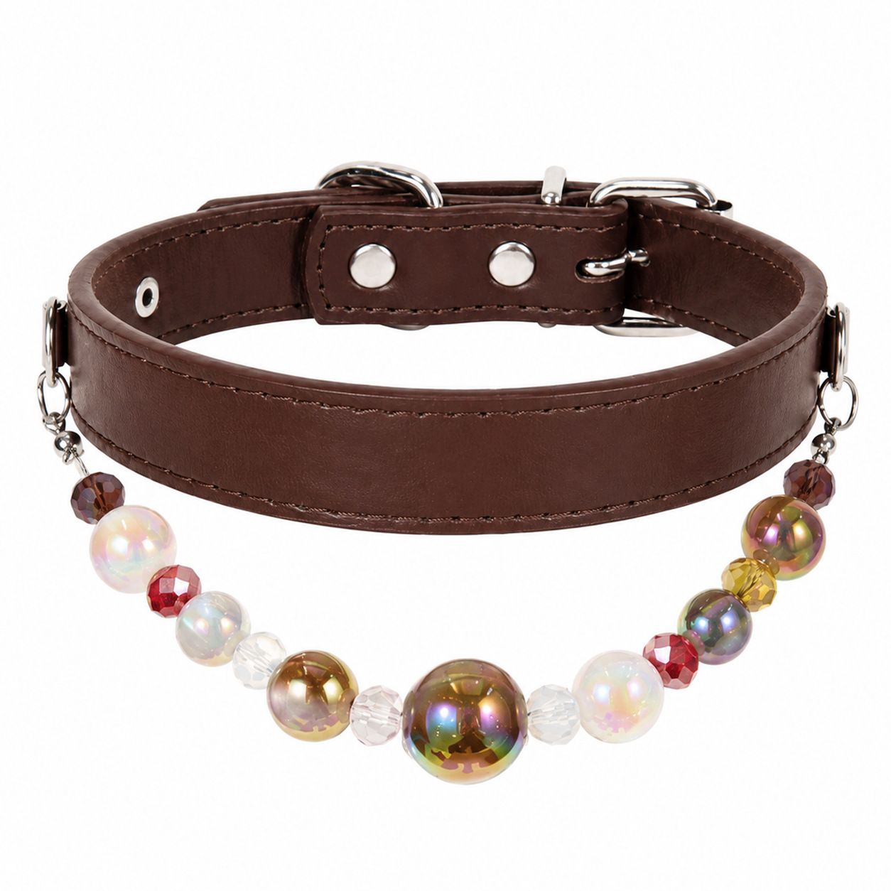Detachable Beaded Dog Collar - Brown Microfiber PU Leather, Zinc Alloy Hardware, Adjustable M Size 26-34cm Neck, Decorative Pet Collar for Dogs