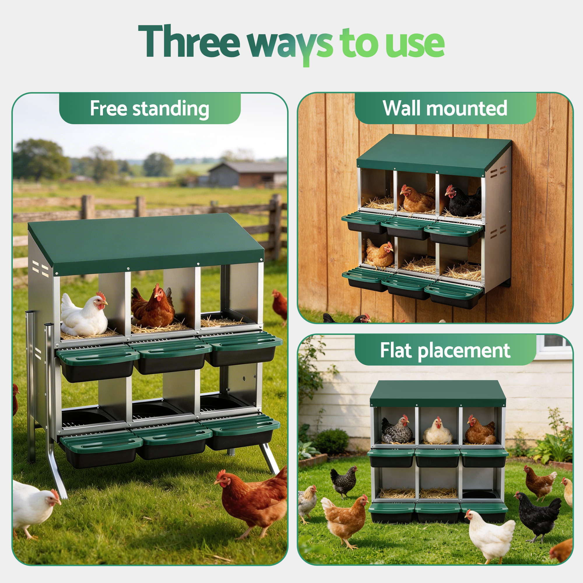 i.Pet Chicken Nesting Box Roll Away Metal Nesting Box Wall Mounted 6 Holes Green — image 4