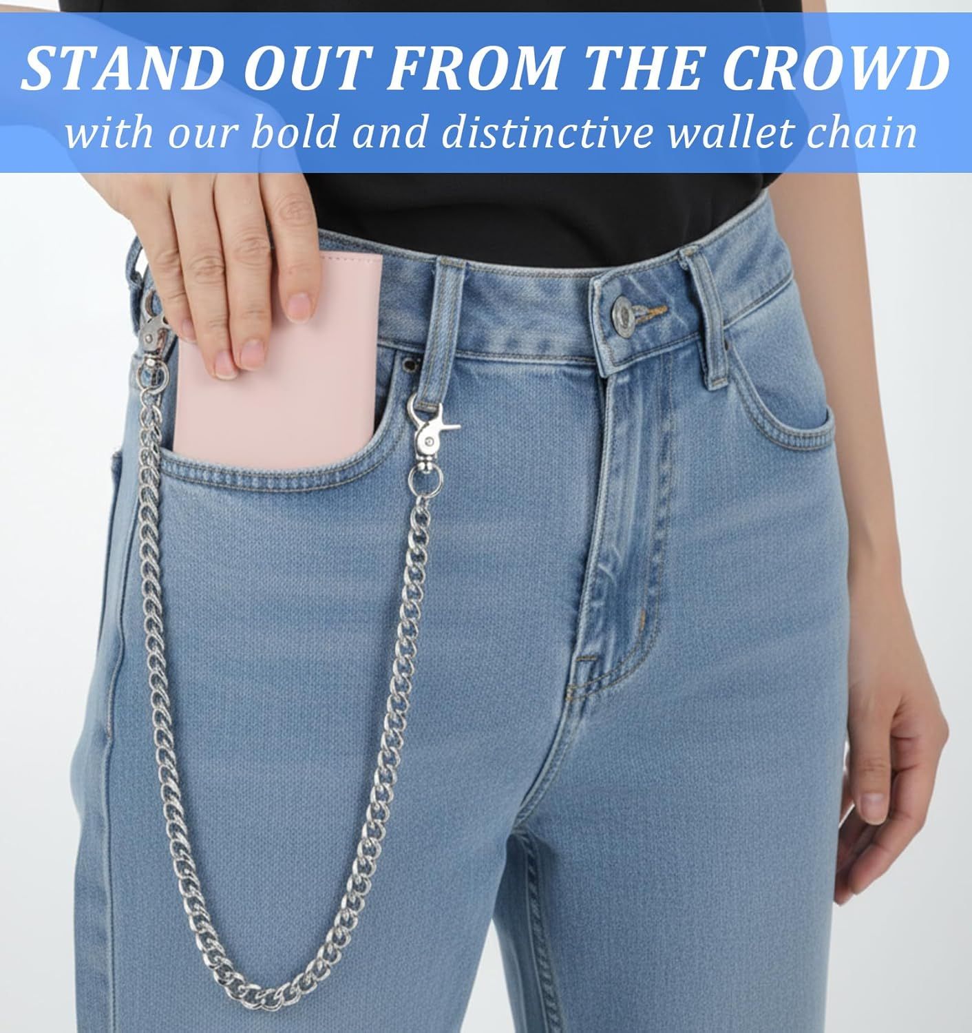 Pants Chain, Silver Durable Pants Chain Belt Wallet Chains for Men & Women Heavy Duty Metal Biker Clothing Jeans Chains Perfect for Jeans, Hip-Hop Punk Style — image 4