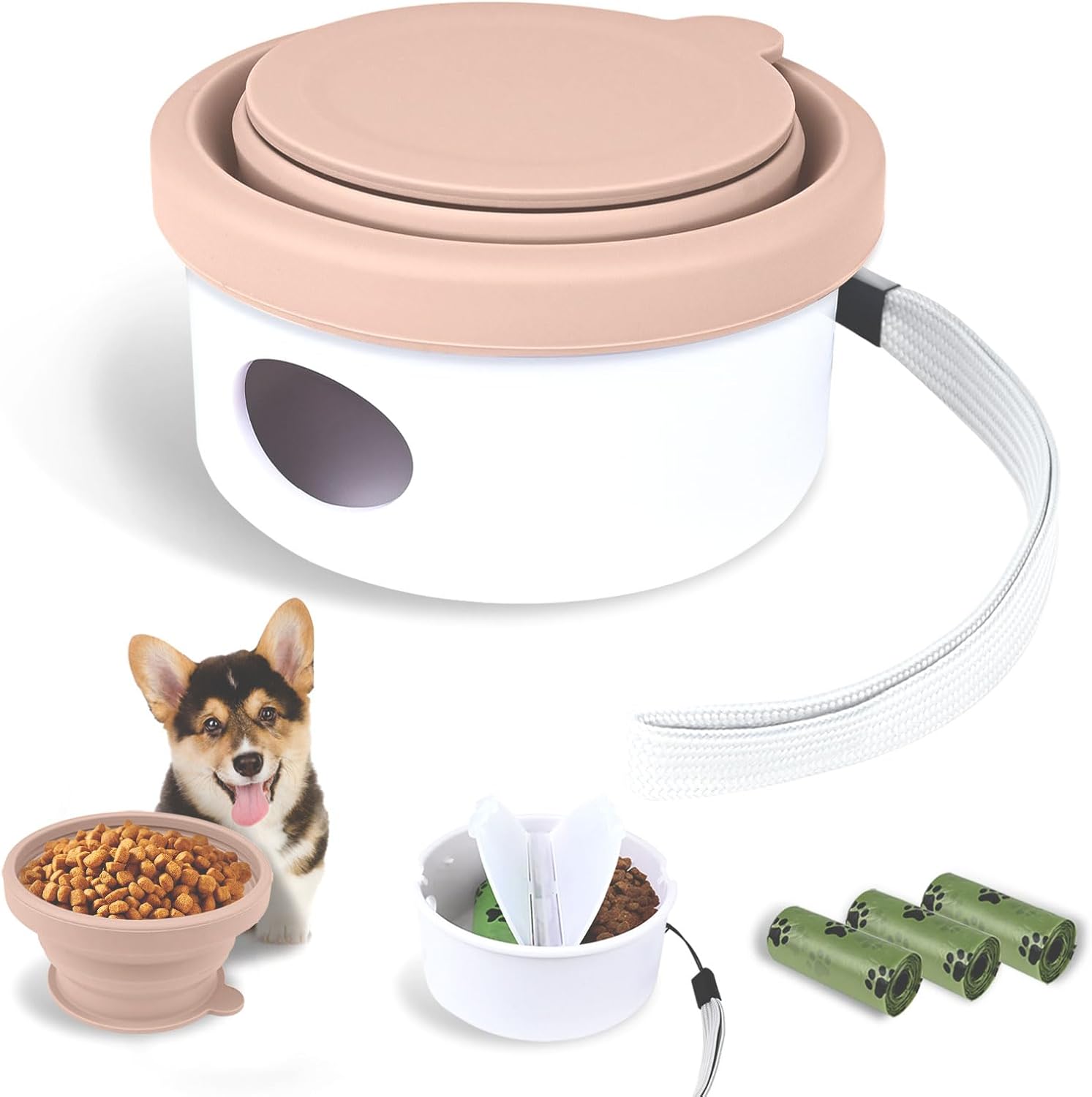 Collapsible Dog Bowl for Travel Double Feeder and Water Bowl with Lid and Carrying Strap