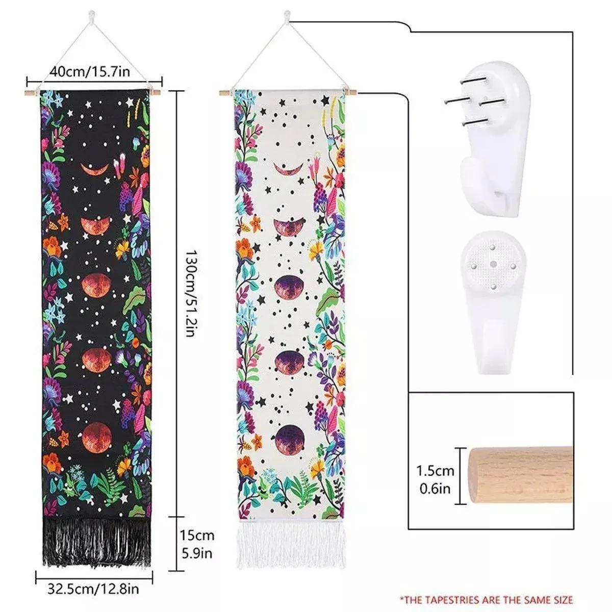 Bohemian Wall Hanging Tapestries Vintage Wall Decor Moon Phase Wall Art Decor - Flower-Black — image 4