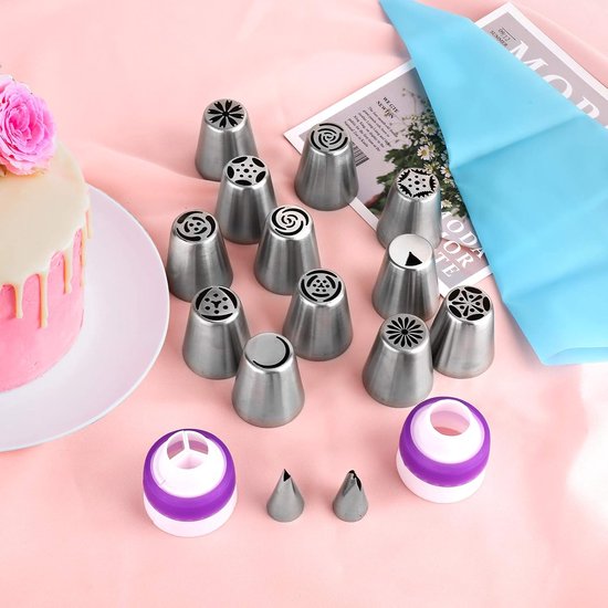 set of 27 cake decorating tips - 12 flower-shaped tips - cake decorating tip set - baking supplies for cookies and cupcakes - 2 leaf-shaped tips - 2 adapters — image 2