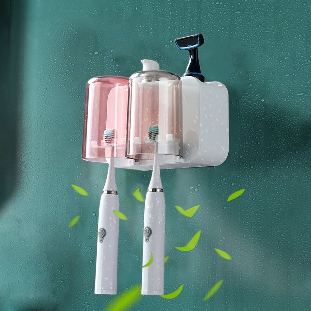 Toothbrush Holders, Bathroom Organizer and Storage, Wall Mounted Toothbrush Hanger with Mouthwash Cup, Self Adhesive Shower Gargle Cup Holder with Toothpaste Shaver Toiletries Storage Box