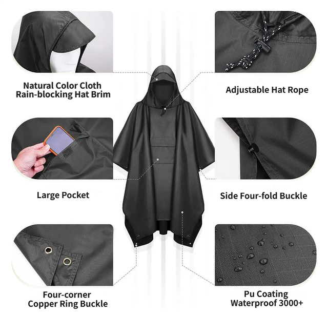 3-in-1 Blue Camping Rain Poncho / Outdoor Shelter Tarp / Ground Sheet (82.7 x 55 inch) with 2 Pairs Rain Shoe Covers - Large Backpack Coverage, Drawstring Hood โ image 2