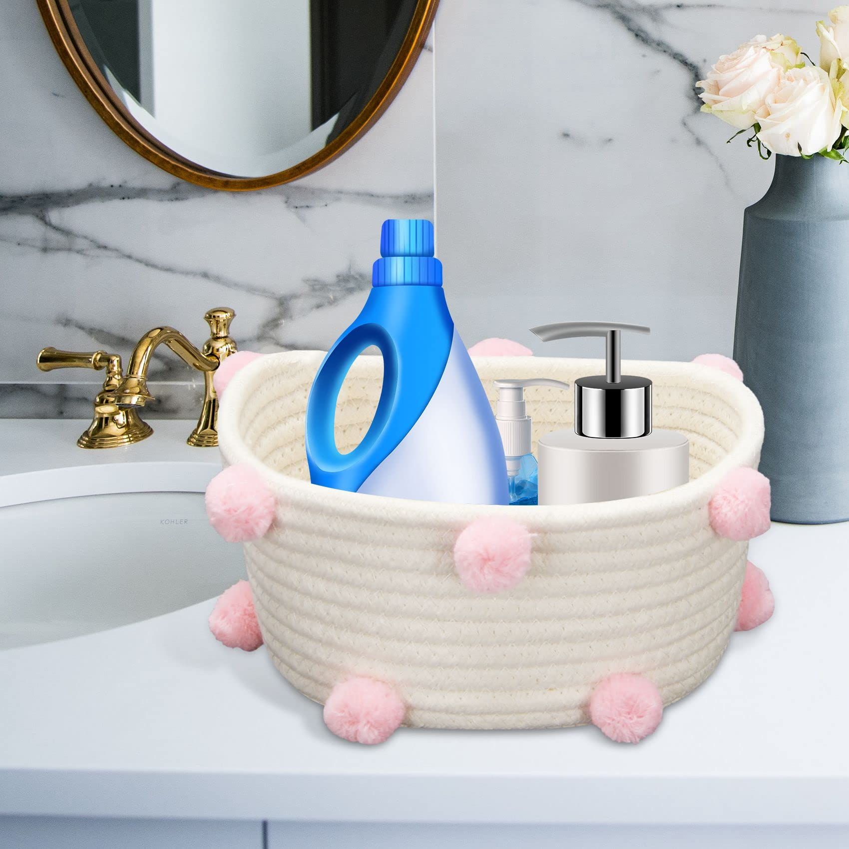 Cotton Woven Storage Basket Cute Pompom Decor Sundries Finishing Box Nordic Cosmetic Toys Organizer Frame — image 5