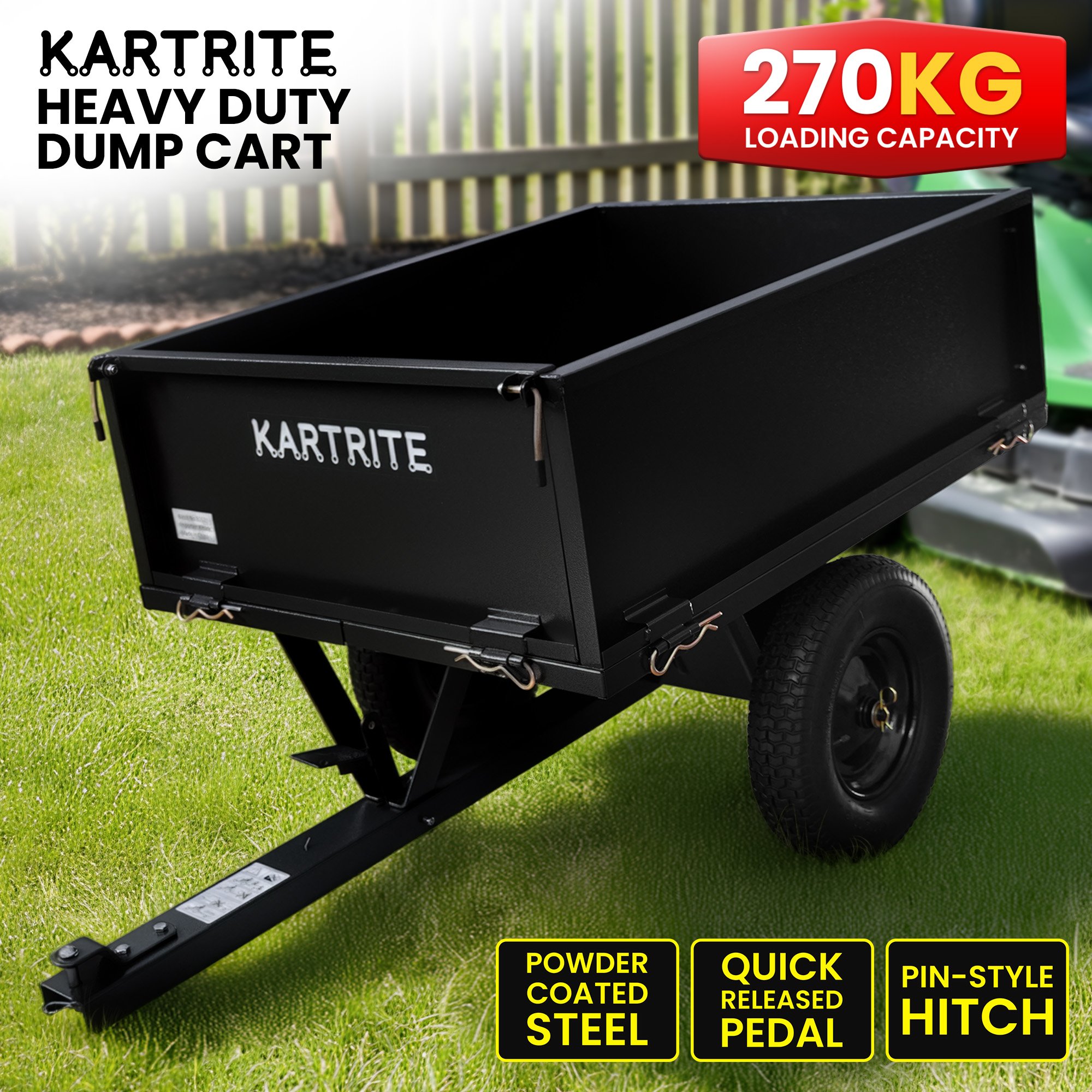 Kartrite Heavy Duty Dump Cart 270kg Capacity Pneumatic Tyres Quick Release Pedal Removable Tailgate Trailer for Garden โ image 2
