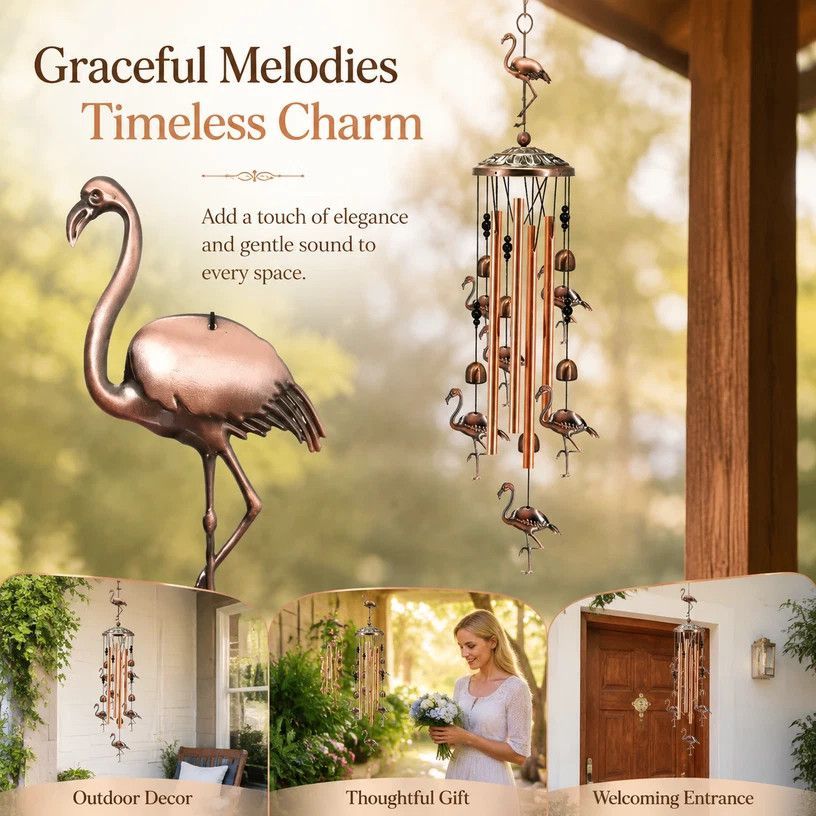 Vintage Iron Wind Chime, Hollow Metal Flamingo Wind Spinner, Hanging Copper Bell Decor For Balcony & Courtyard, Lovely Outdoor Gift