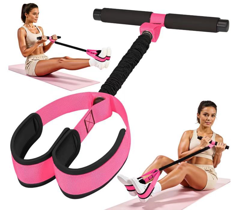 Pink Multifunctional Pedal Resistance Band - Home Fitness Sit-up Assistant with Foot Pedals and Elastic Pull Rope - Full Body Workout Equipment for Abs, Arms