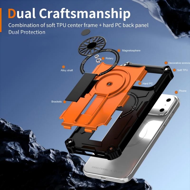 Armor Heavy Duty Magnetic Rotating Ring Kickstand Phone Case For iPhone 14 Pro, Anti-Drop Protective Cover In Orange โ image 6