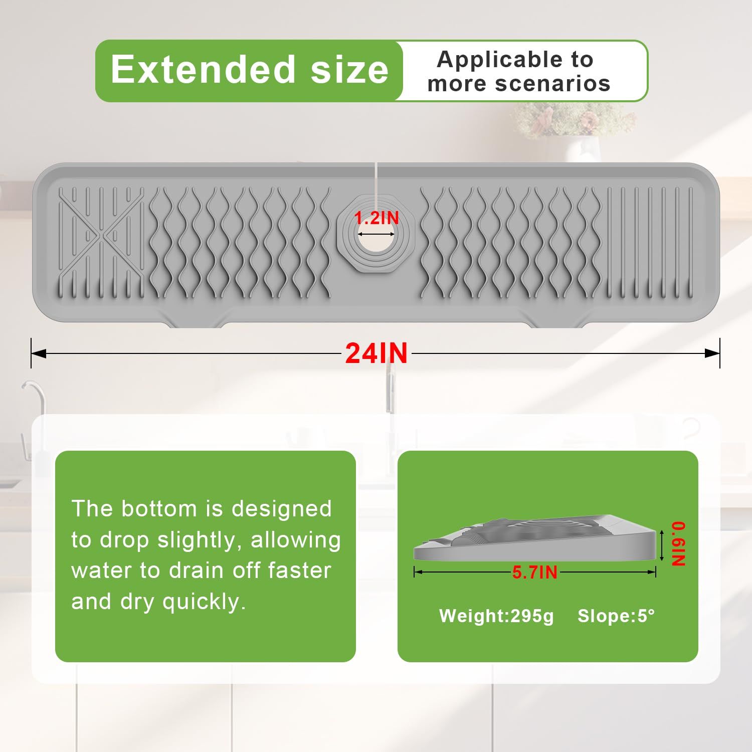 Kitchen Sink Splash Guard, 24 inches 5°Slope Food Grade Silicone Sink Faucet Mat Handle Drip Catcher Tray, Faucet Air Drying Mat — image 2