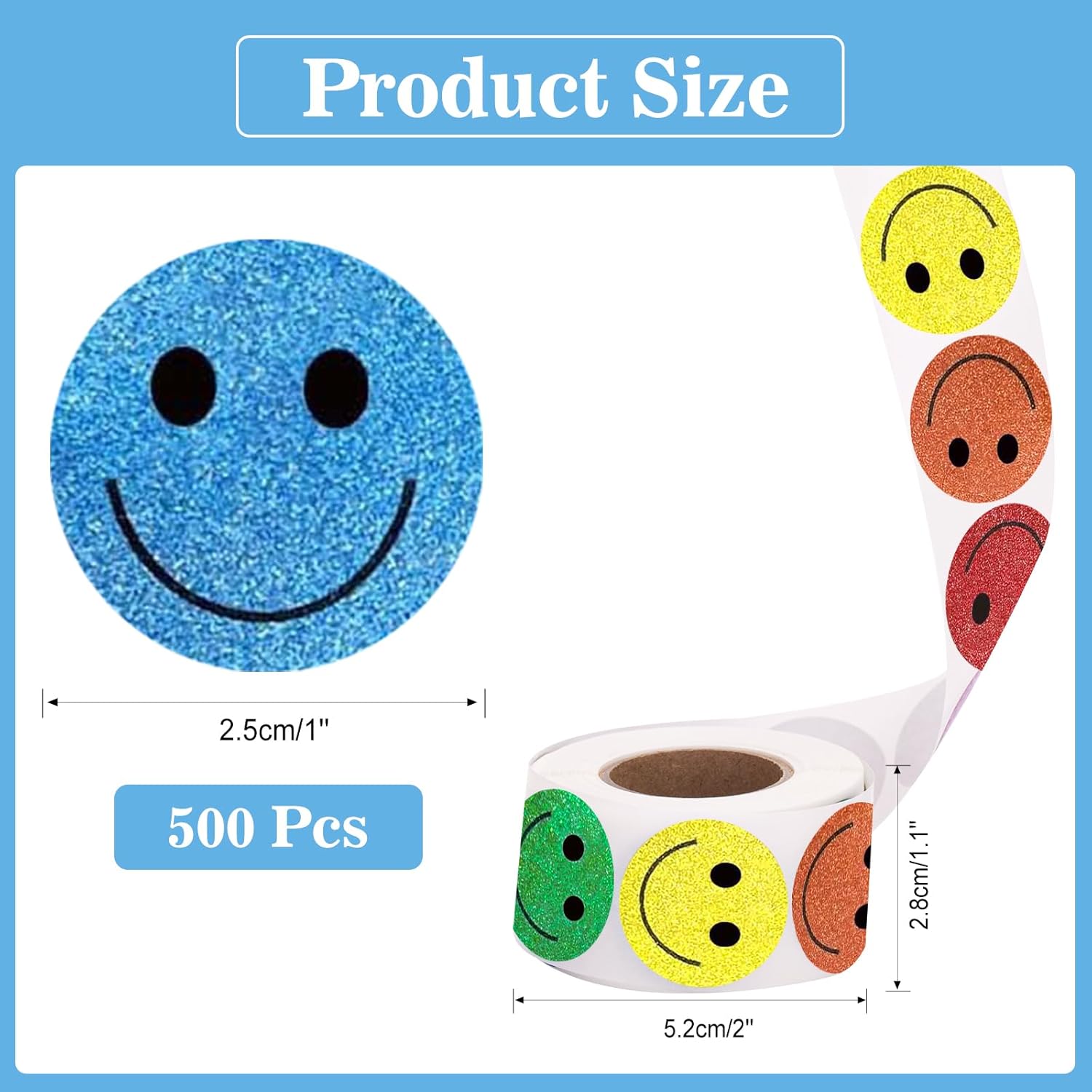 Smiley Face Stickers - Happy Face Stickers 500Pcs 1Inch Glitter Smiley Sticker Roll Cute Reward Sticker for Kids Classroom Self Adhesive Positive Incentive — image 2