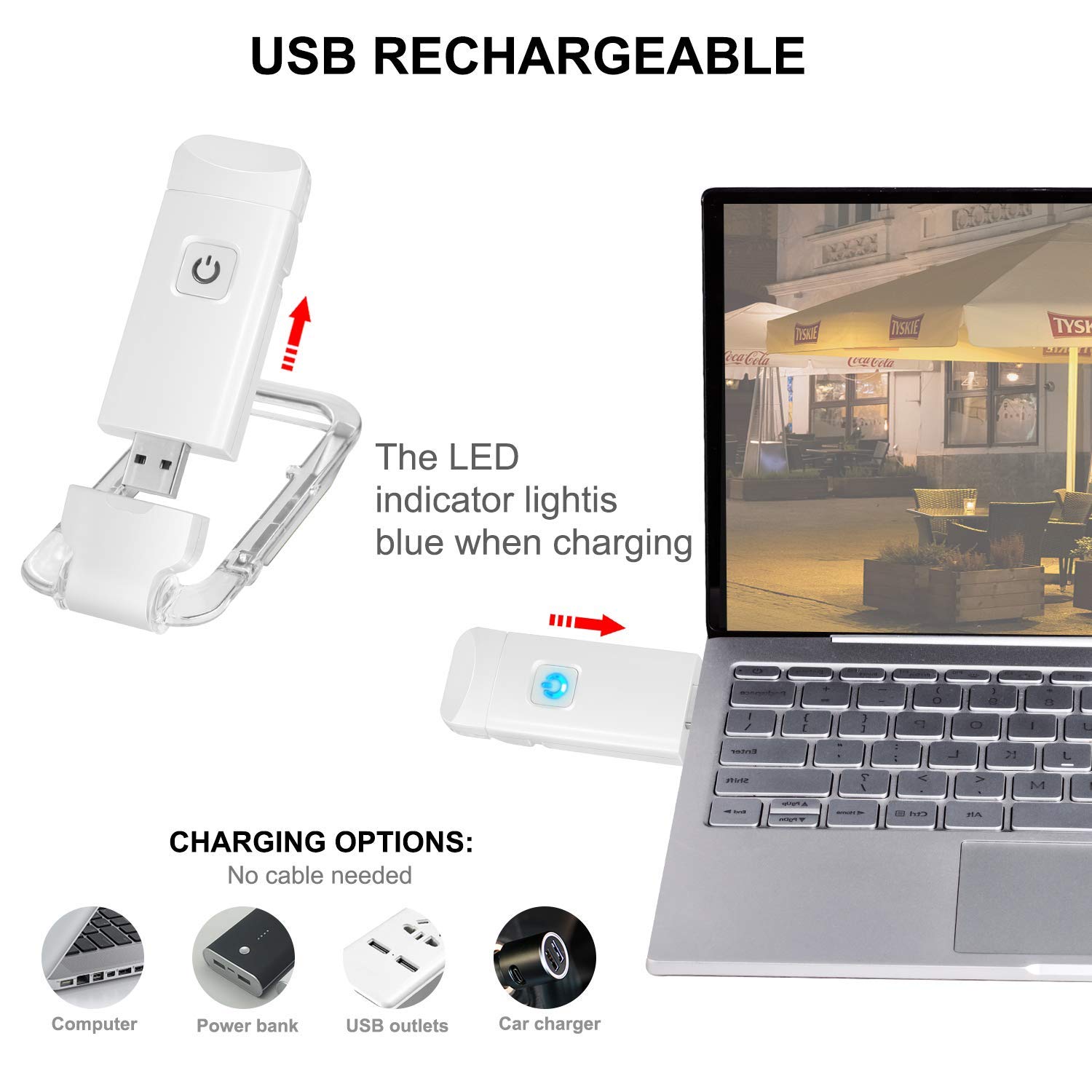 Rechargeable LED Book Light with Dimmable Warm White & Amber Modes – USB-Powered Clip-On Reading Lamp for Books, Sheet Music & Travel (White) — image 2