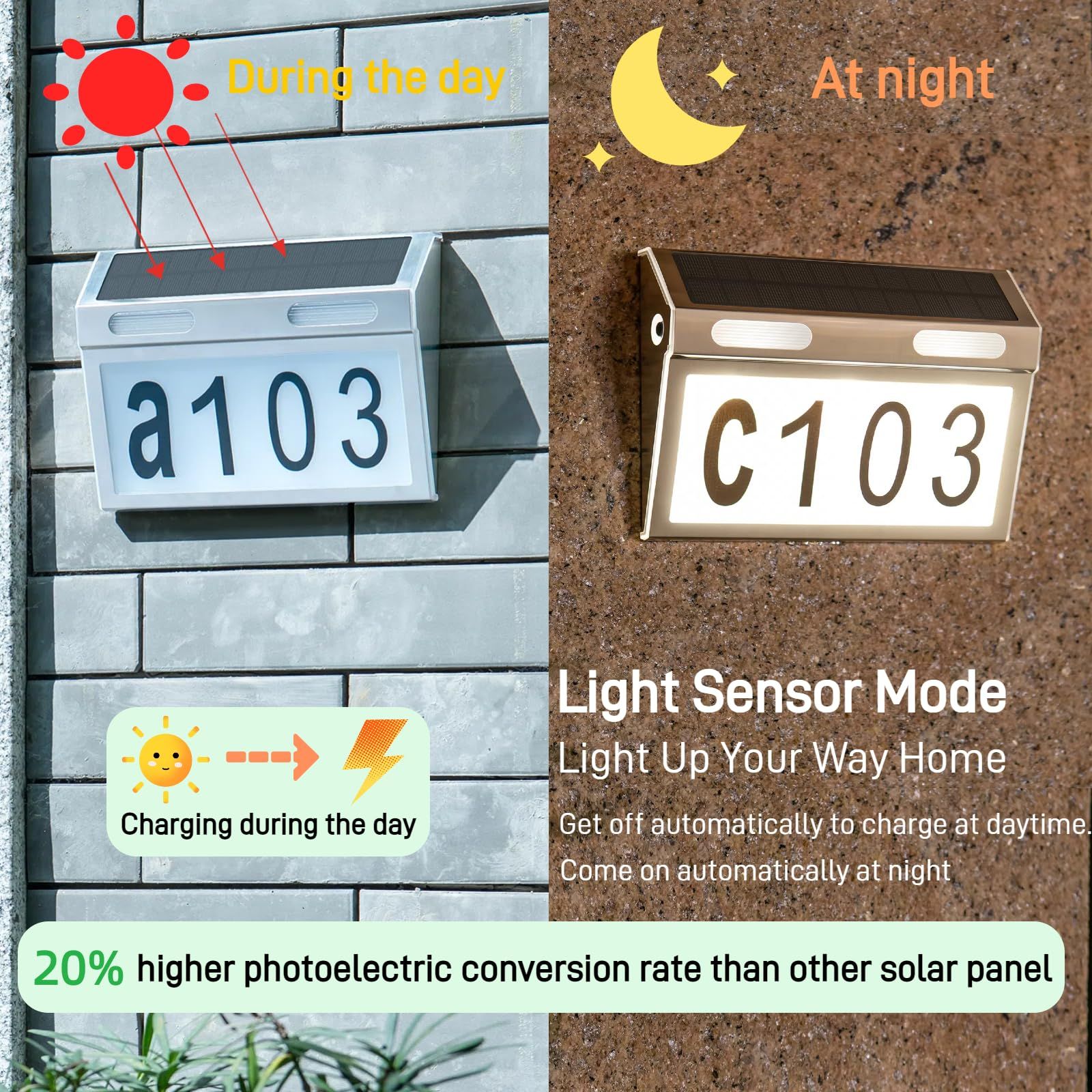 Solar House Numbers for Outside, Metal Waterproof Solar Address Sign Plaque Lights Outdoor LED Illuminated for Outside House Yard — image 3
