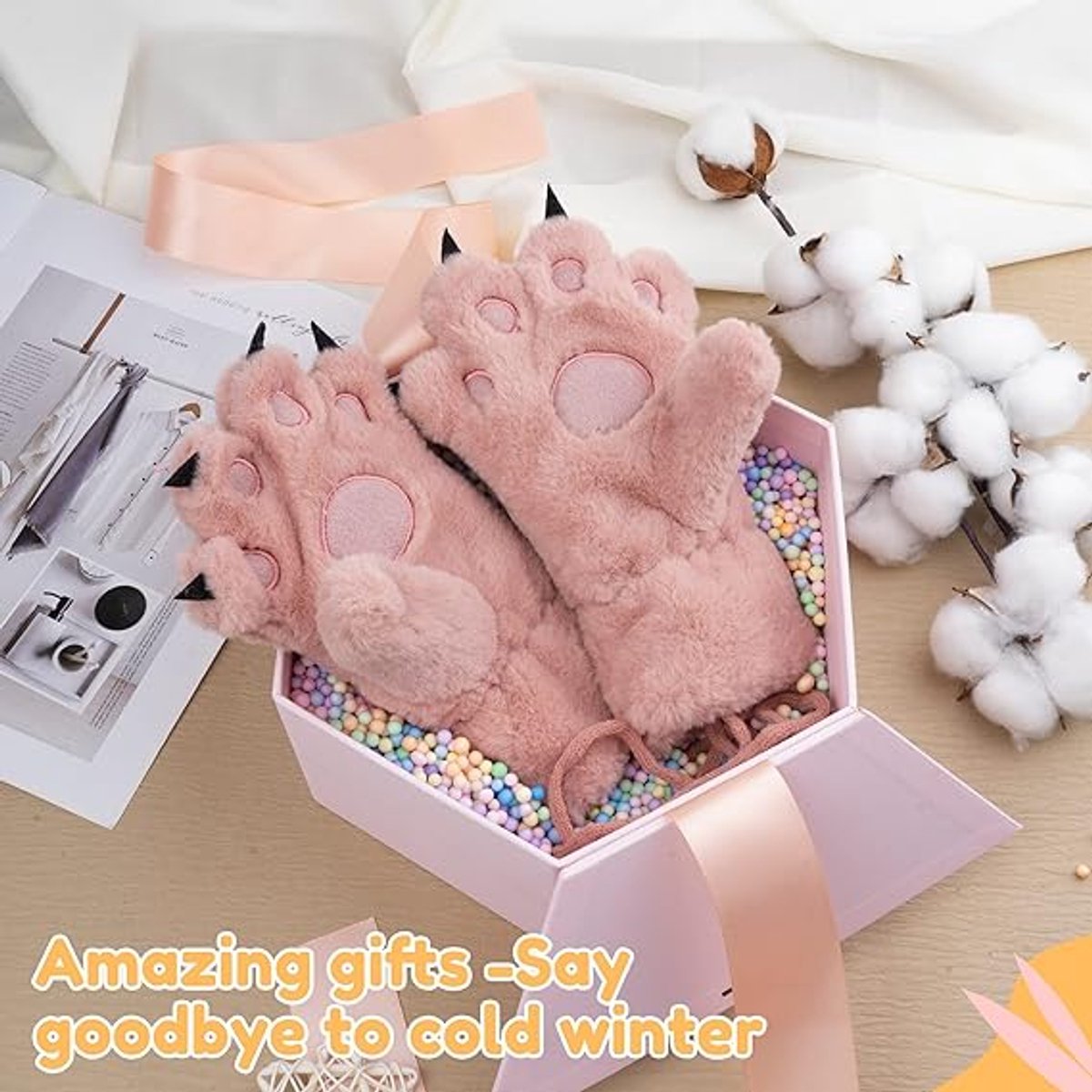 Gloves - 1 pair - Winter gloves - Cartoon gloves - Neckband - Children's gloves - Warm gloves - Plush gloves - One size(Pink) — image 2