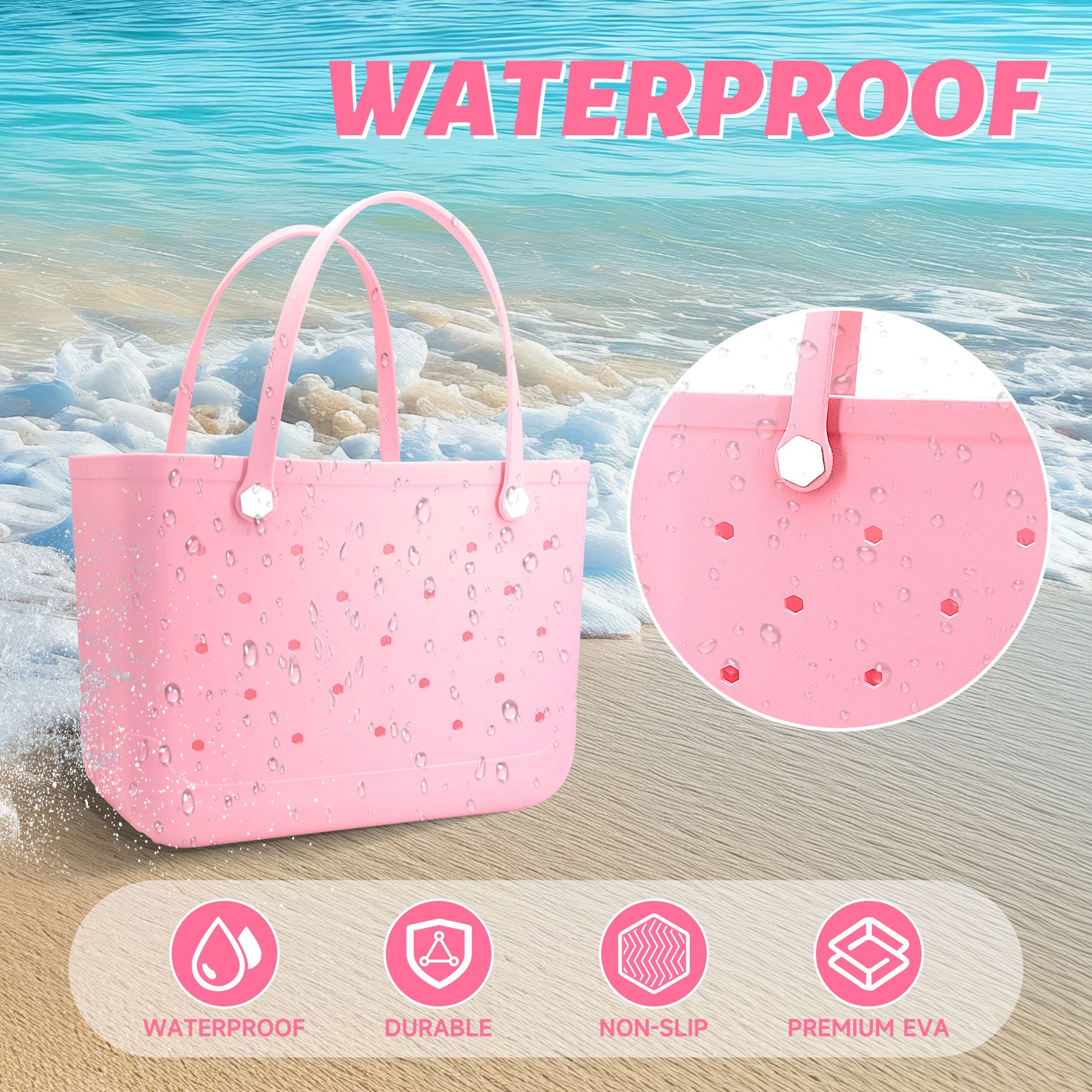 Waterproof Hexagon Mesh Beach Bag - Large Capacity Travel Storage Tote for Swimwear Towel Sunglasses - Pink Large 48x34x24cm โ image 2