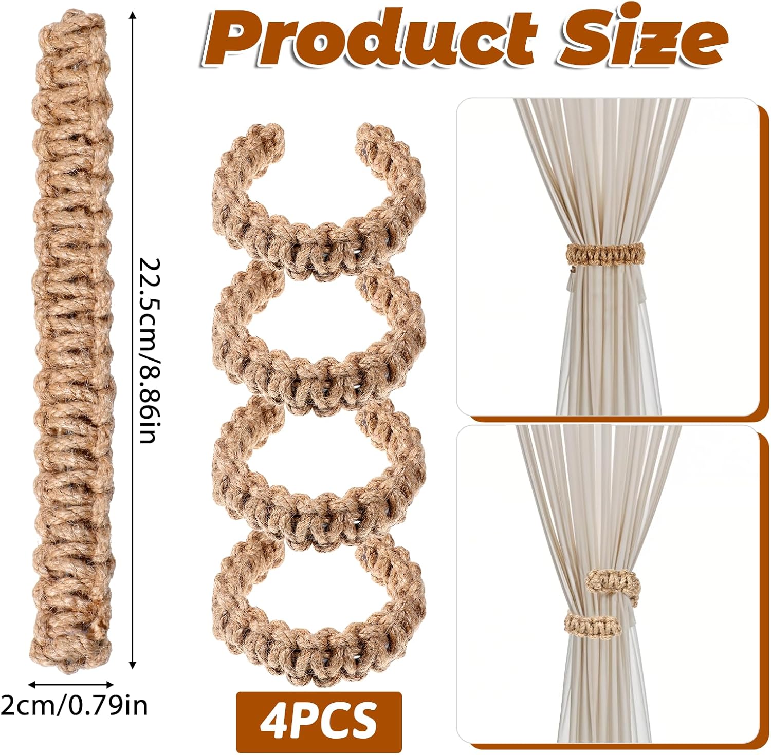 4 Pack Braided Curtain Tiebacks Boho Elegant Rustic Curtain Holdbacks Tie Backs Holders Set Simple Light Weight Drapes Decorative Accessories Handmade for Home — image 2