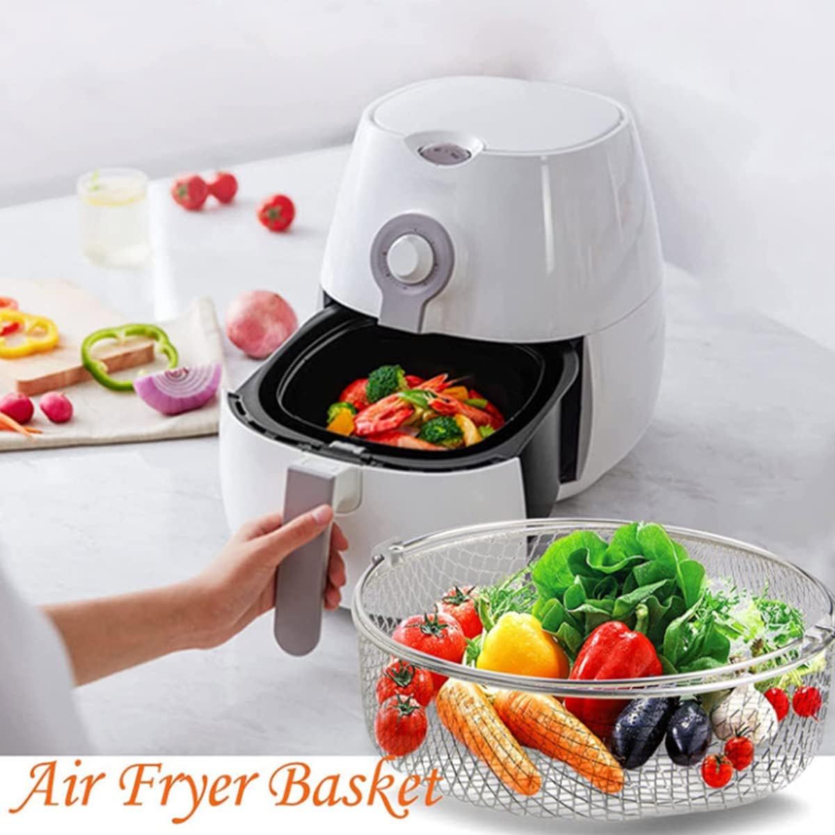 21CM Air Fryer Mesh Basket Stainless Steel Steamer Basket for Air Fryer Metal Air Fry Crisper Basket with Handle Air Fryer Accessory — image 3