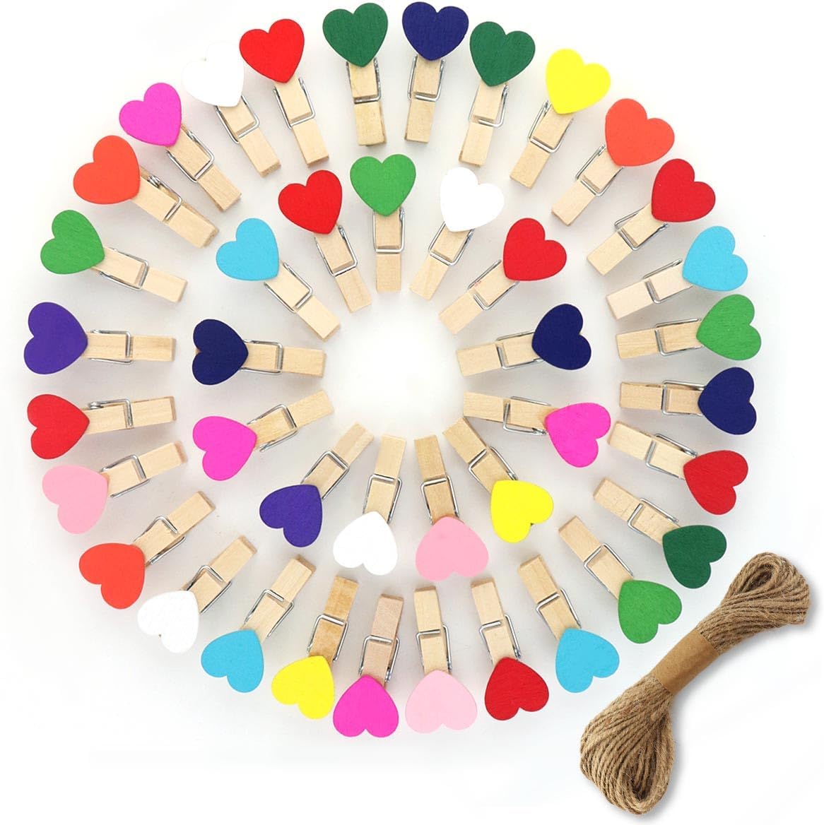 80 Pieces Wooden Heart Clothespins Mini Photo Clips Colorful Small Clothes Pins for Crafts Picture Paper Hanging Natural with Jute Twine Wedding Party Photos
