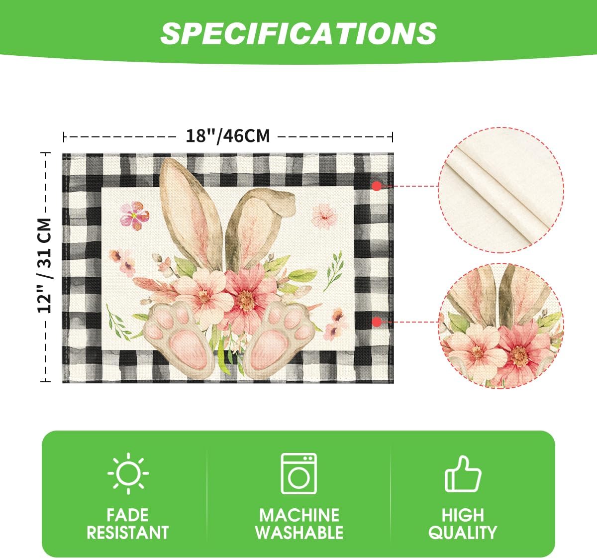 Buffalo Plaid Bunny Ear Foot Flower Easter Placemats Set of 4, 12 × 18 Inch Seasonal Spring Table Mats for Party Kitchen Dining Decoration — image 6