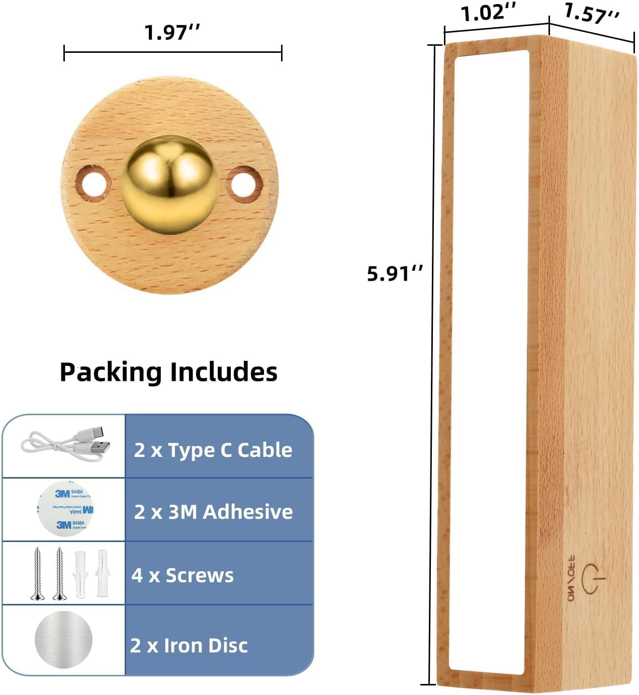 Indoor wall lamp - Wooden LED wall lamp with wireless charging - Bedroom wall lamp - 360° rotating touchscreen dimmable light - Drill-free installation — image 3