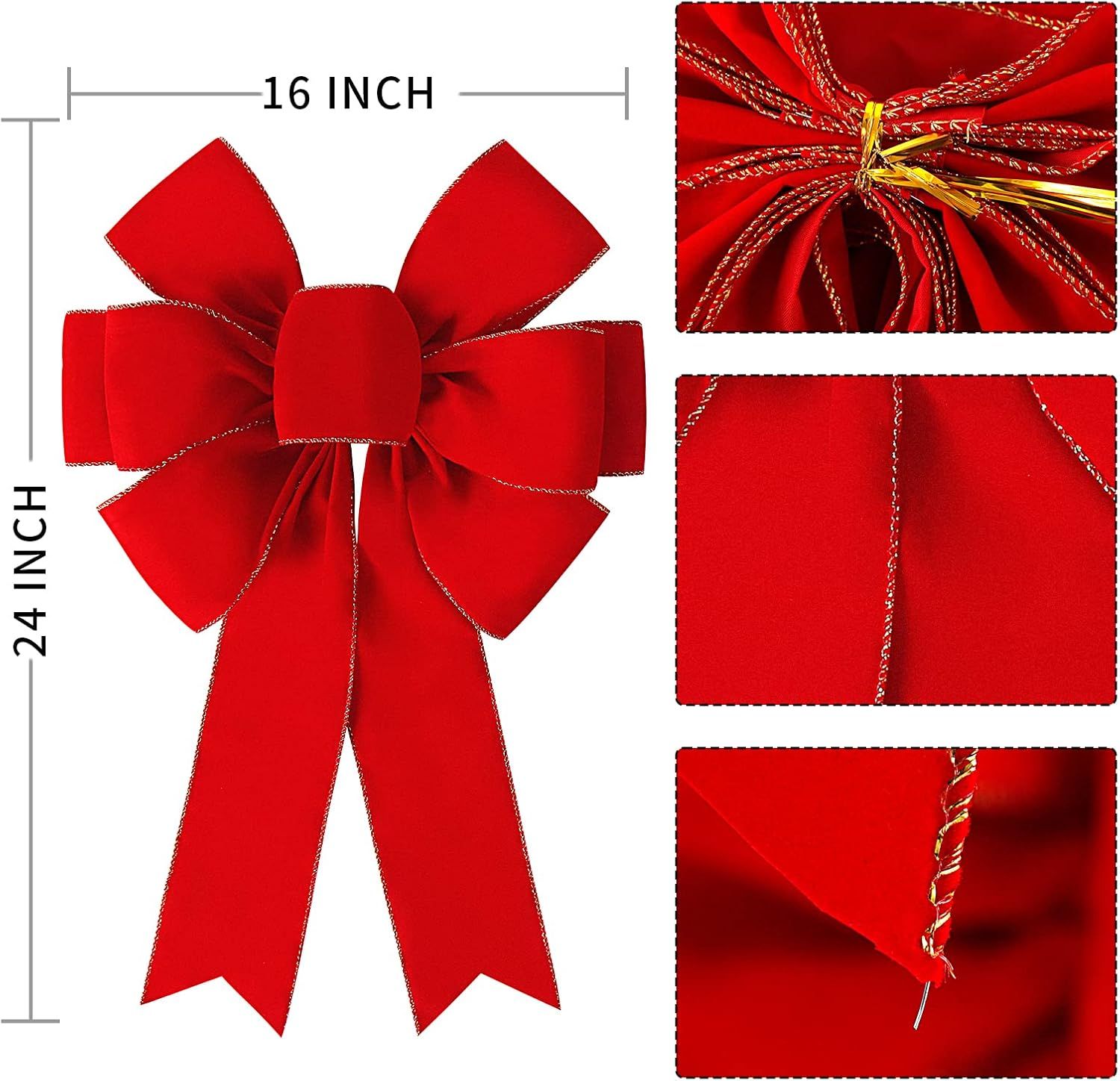 2 Packs Red Christmas Bows Decorations Big Velvet Bow with Wired Gold Border for Tree Topper, Wreaths, Outdoor, Garland, Outside (16 * 24 inch) — image 2